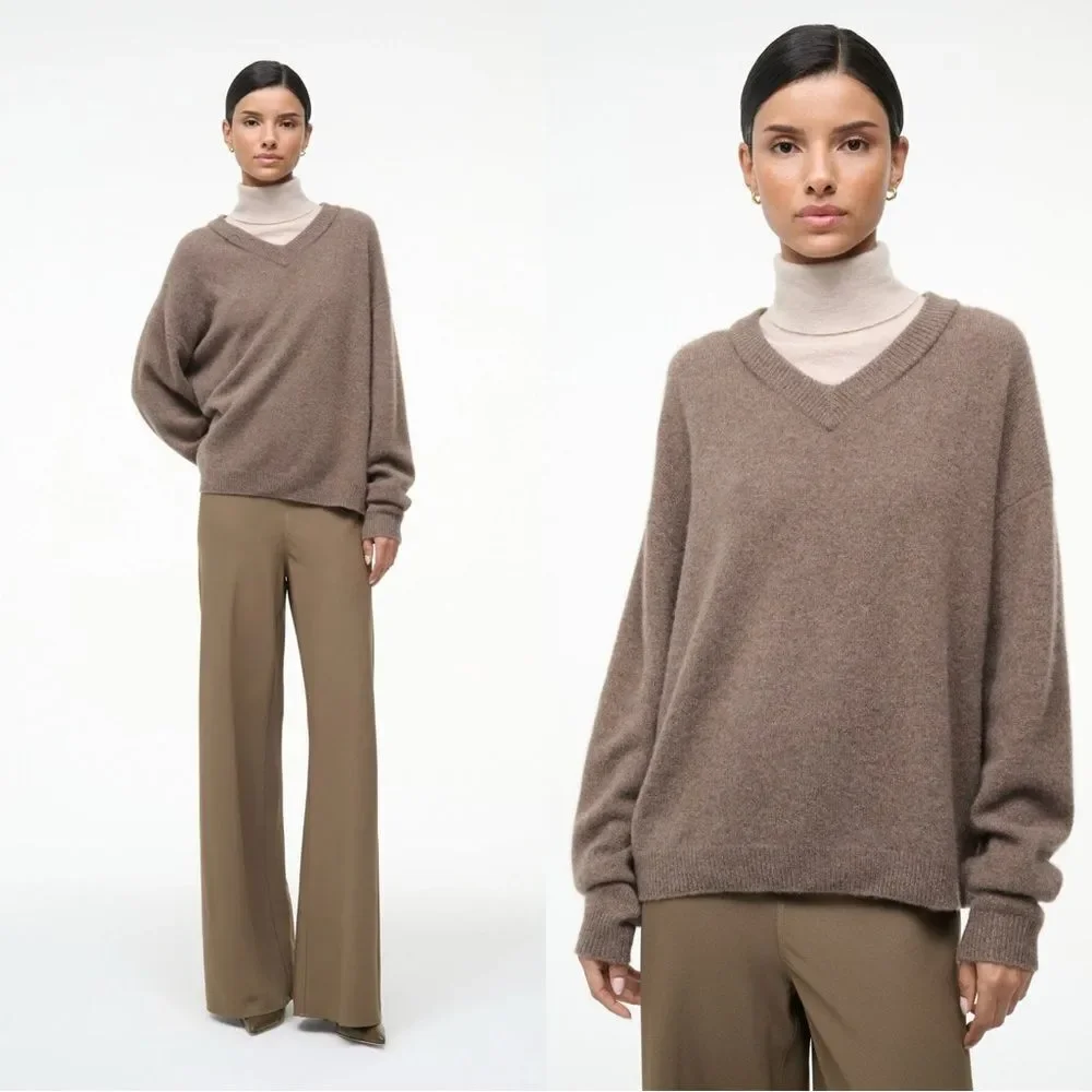 STAUD Cashmere V neck sweater in taupe
